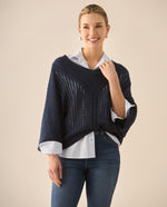 Buzo escote en V con tejido abierto para mujer  - Azul