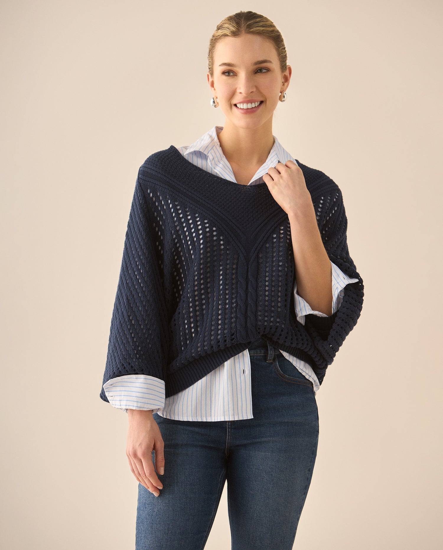 Buzo escote en V con tejido abierto para mujer  - Azul