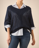 Buzo escote en V con tejido abierto para mujer  - Azul