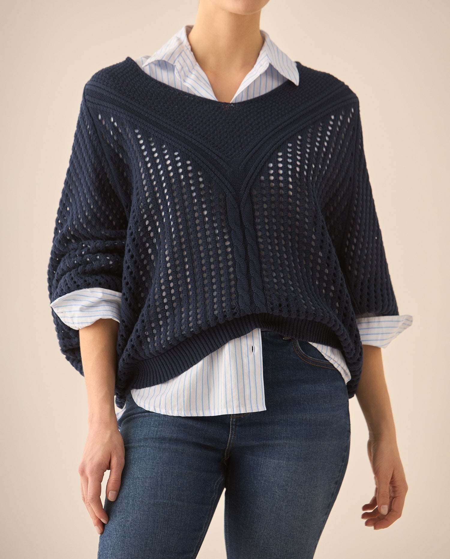 Buzo escote en V con tejido abierto para mujer  - Azul