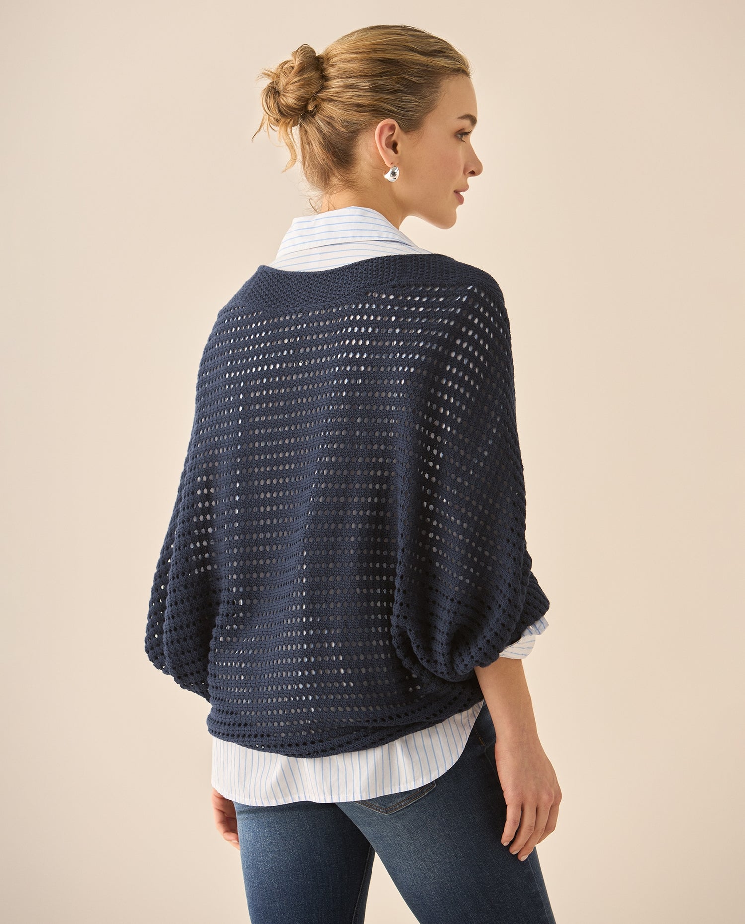 Buzo escote en V con tejido abierto para mujer  - Azul