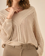 Buzo escote en V con tejido abierto para mujer  - Beige