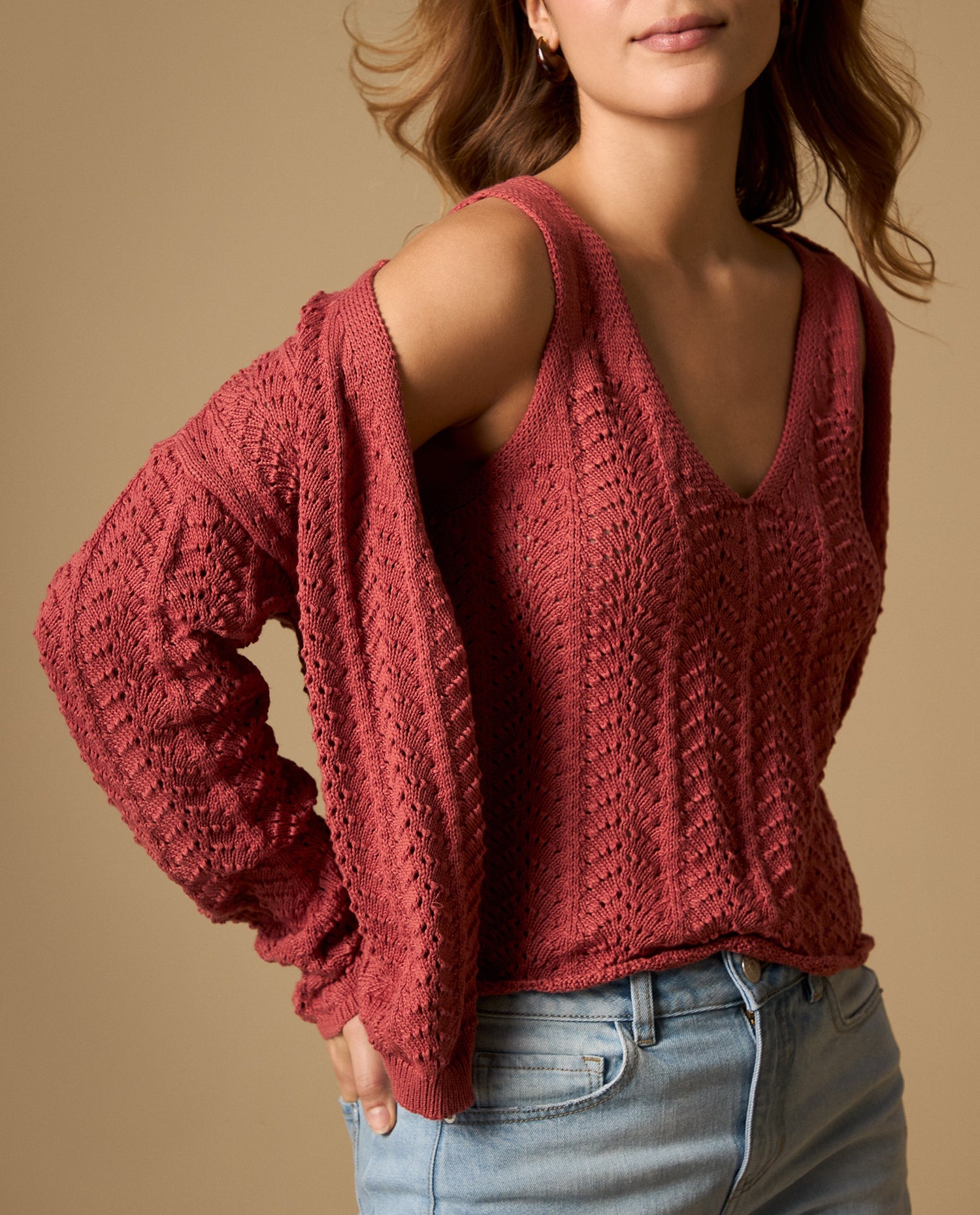 Suéter tejido con textura y cuello media perilla - Rojo