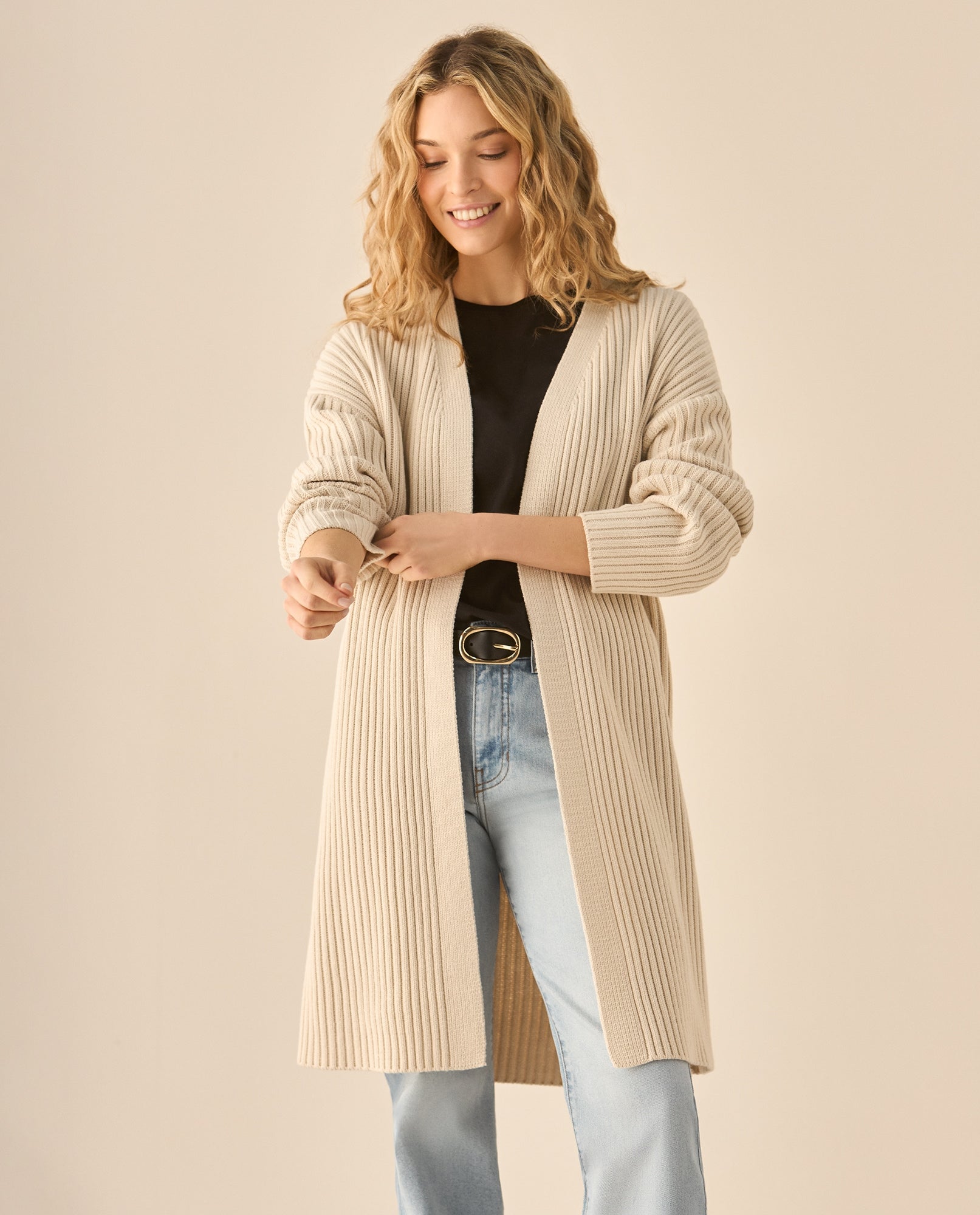 Cárdigan tejido de diseño abierto para mujer - Beige 34_663G202_BEI130607_0