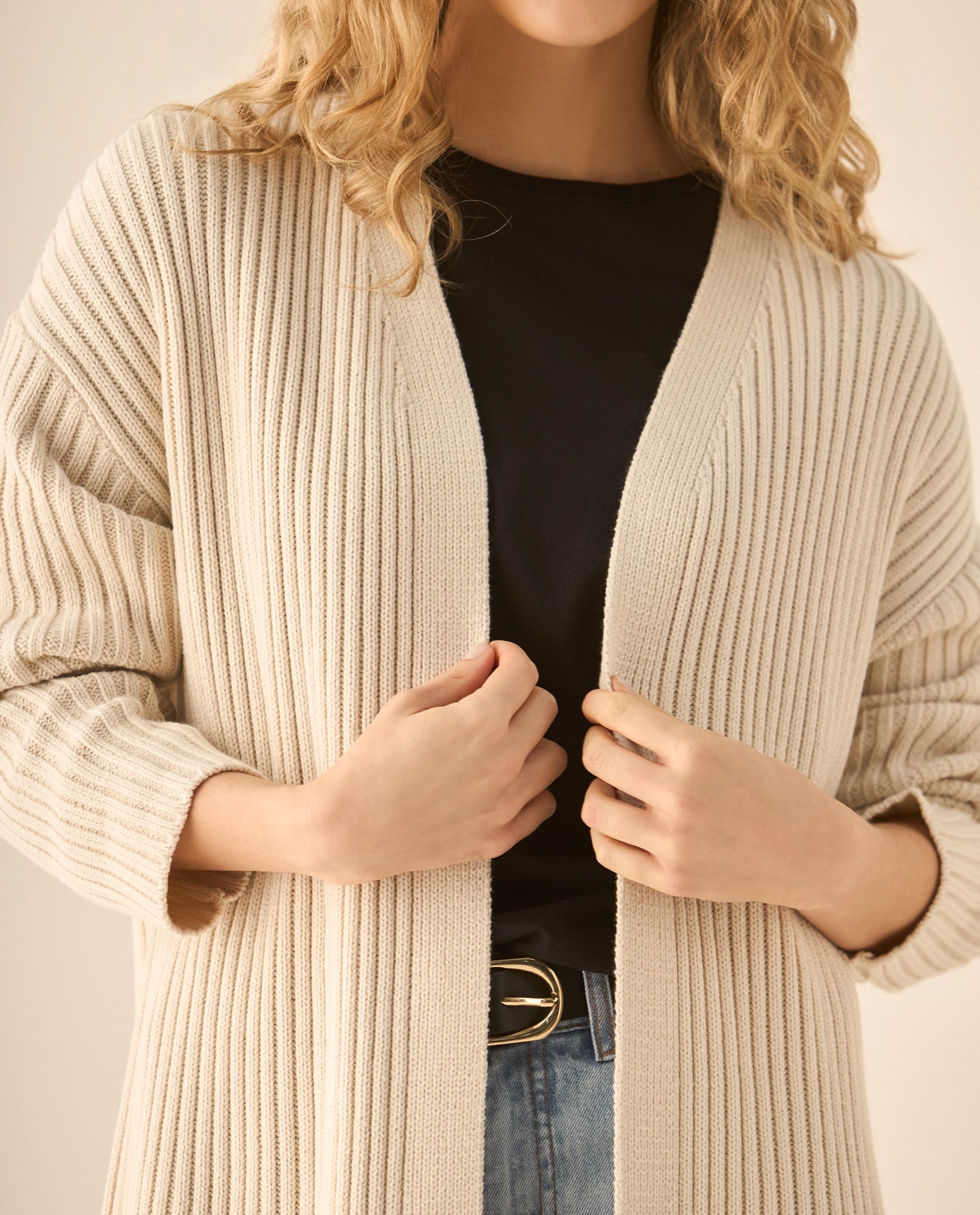 Cárdigan tejido de diseño abierto para mujer - Beige 34_663G202_BEI130607_3