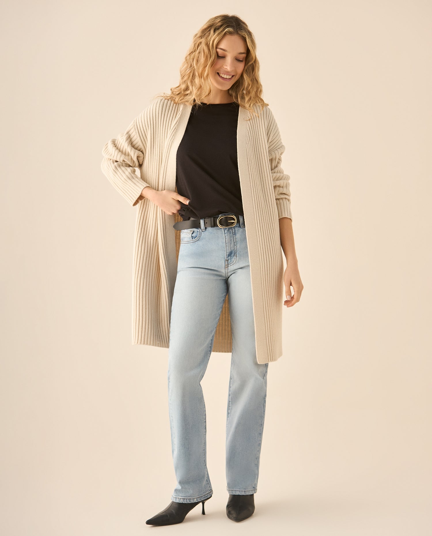 Cárdigan tejido de diseño abierto para mujer - Beige