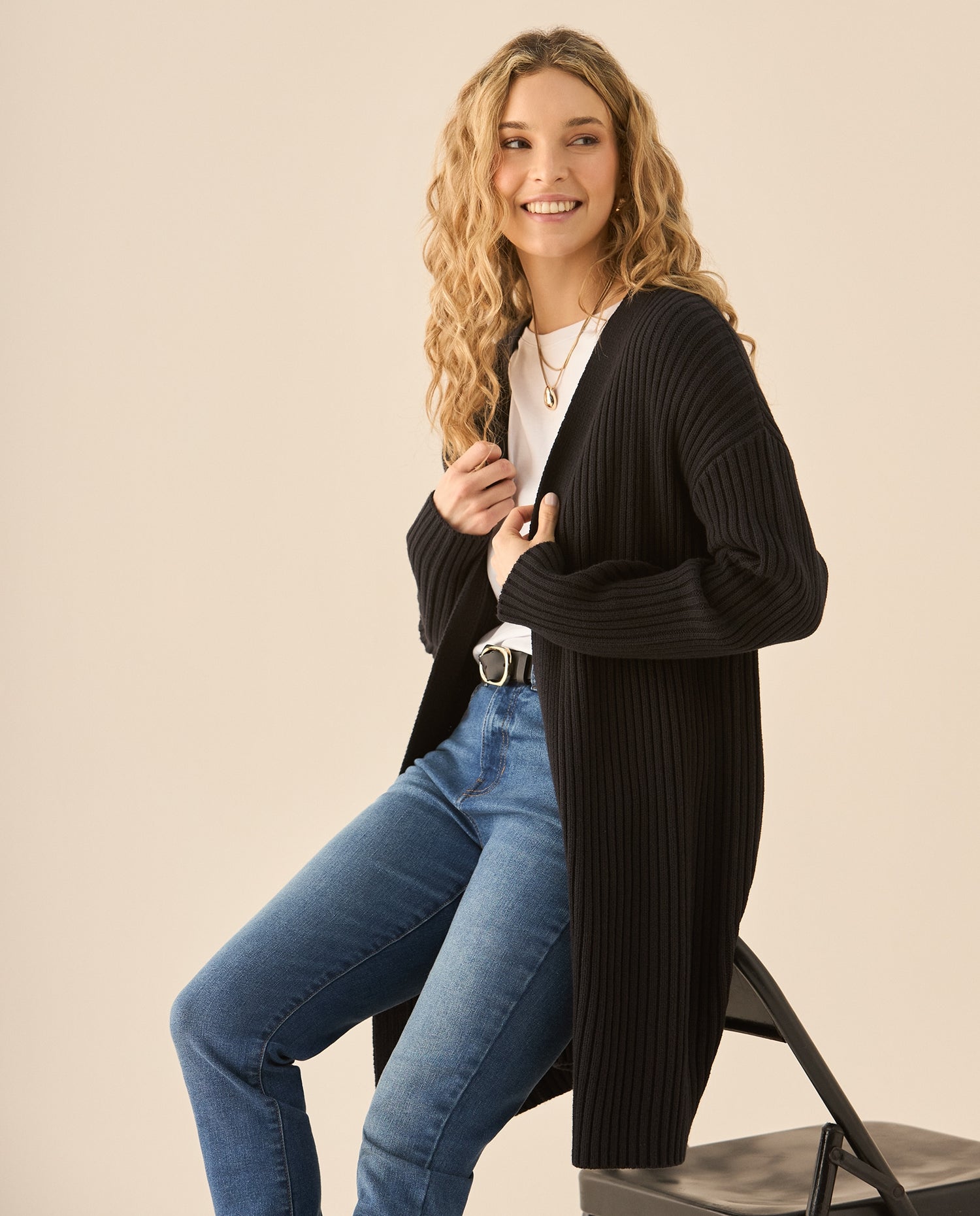 Cárdigan tejido de diseño abierto para mujer - Negro