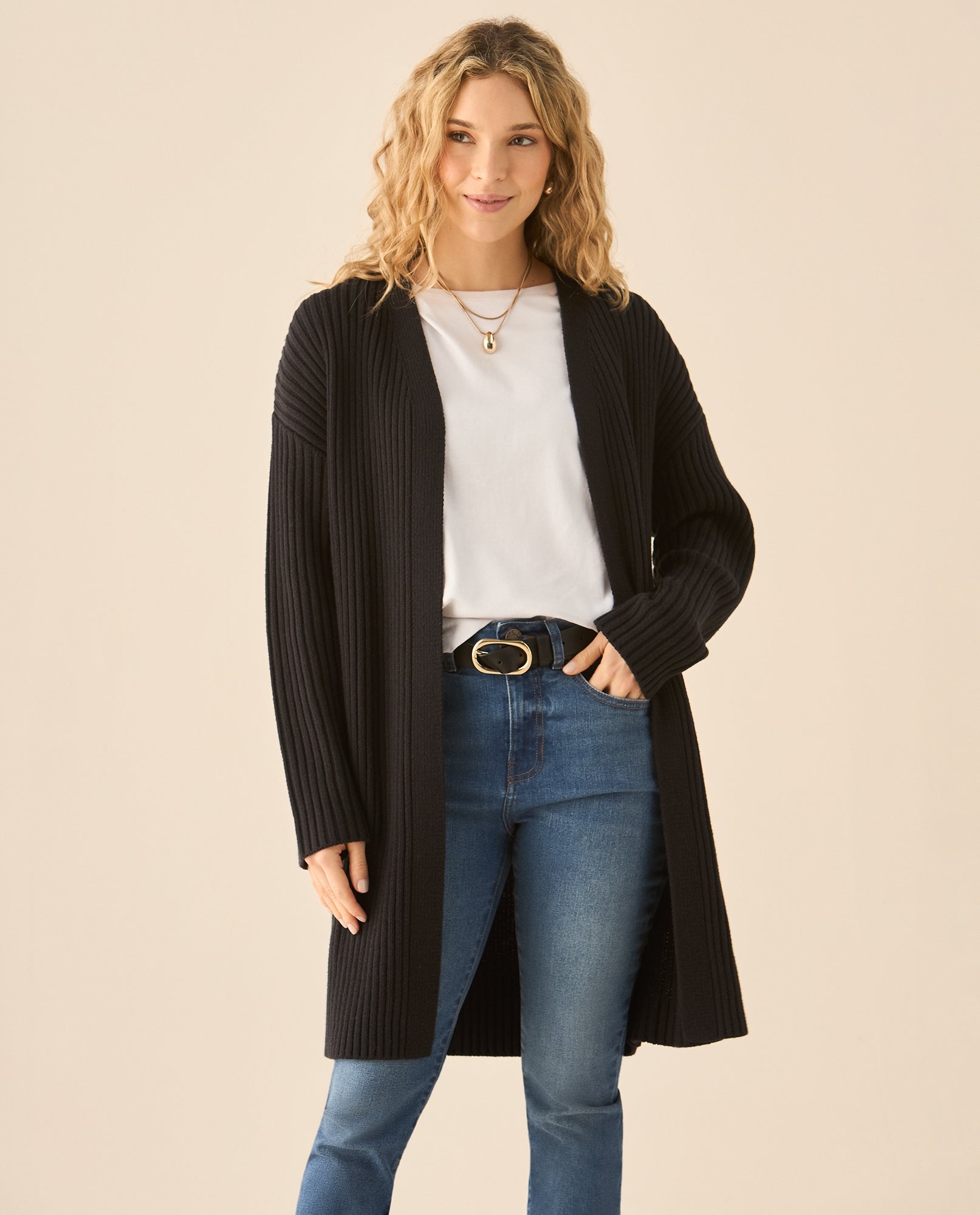 Cárdigan tejido de diseño abierto para mujer - Negro 34_663G202_NEG190303_3