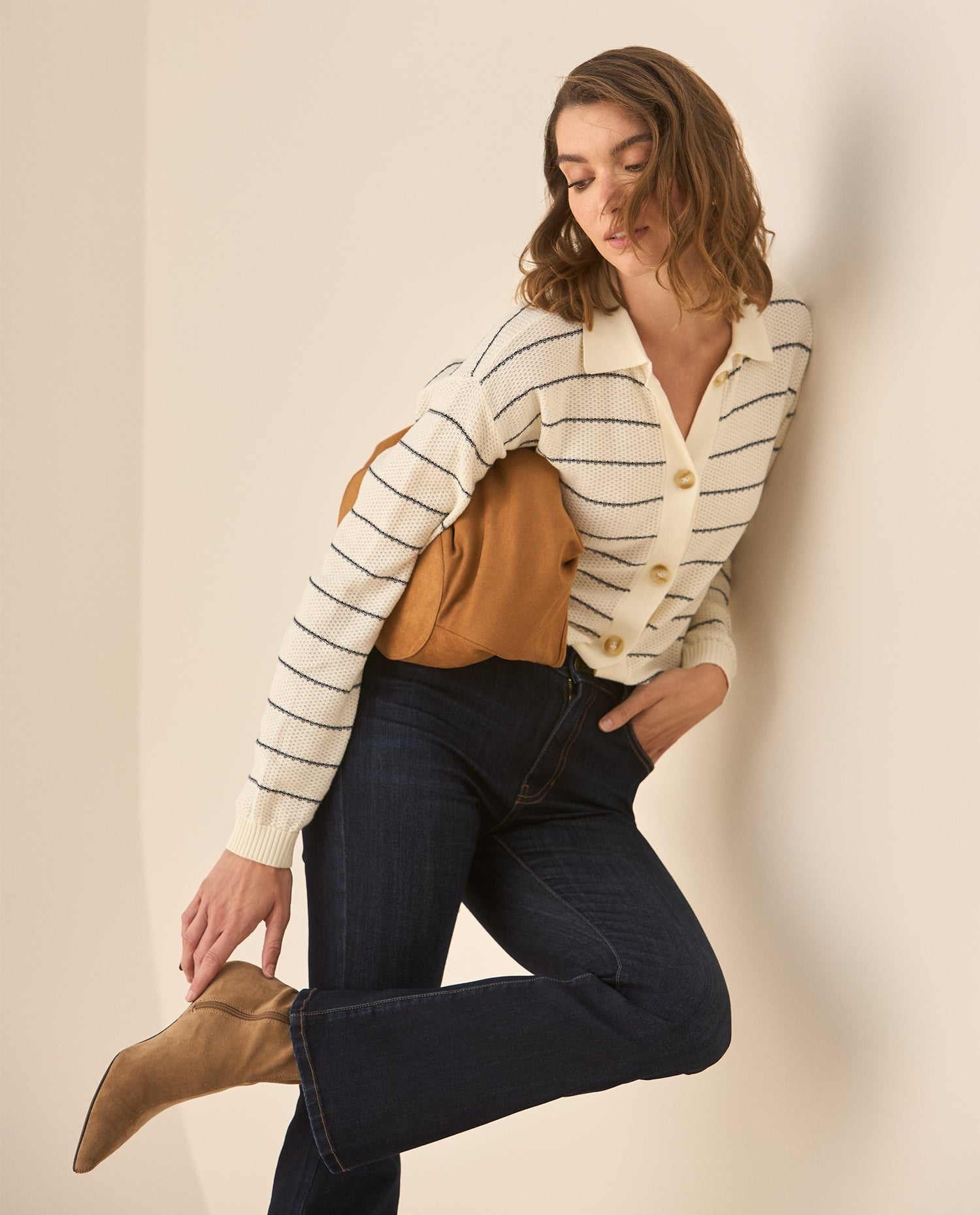 Suéter tejido cuello clásico para mujer - Crudo