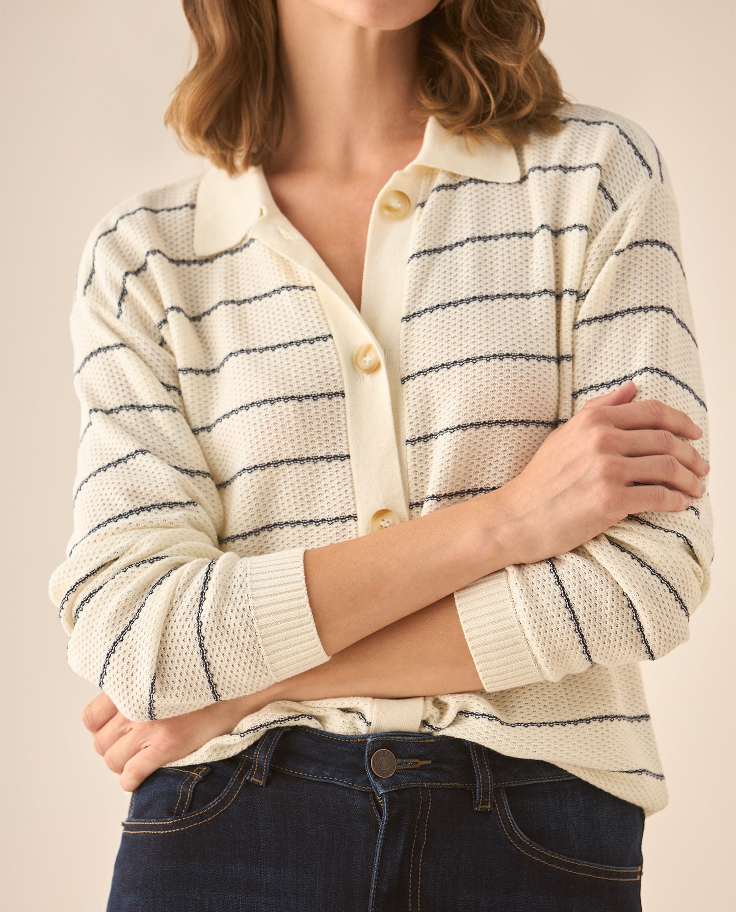 Suéter tejido cuello clásico para mujer - Crudo