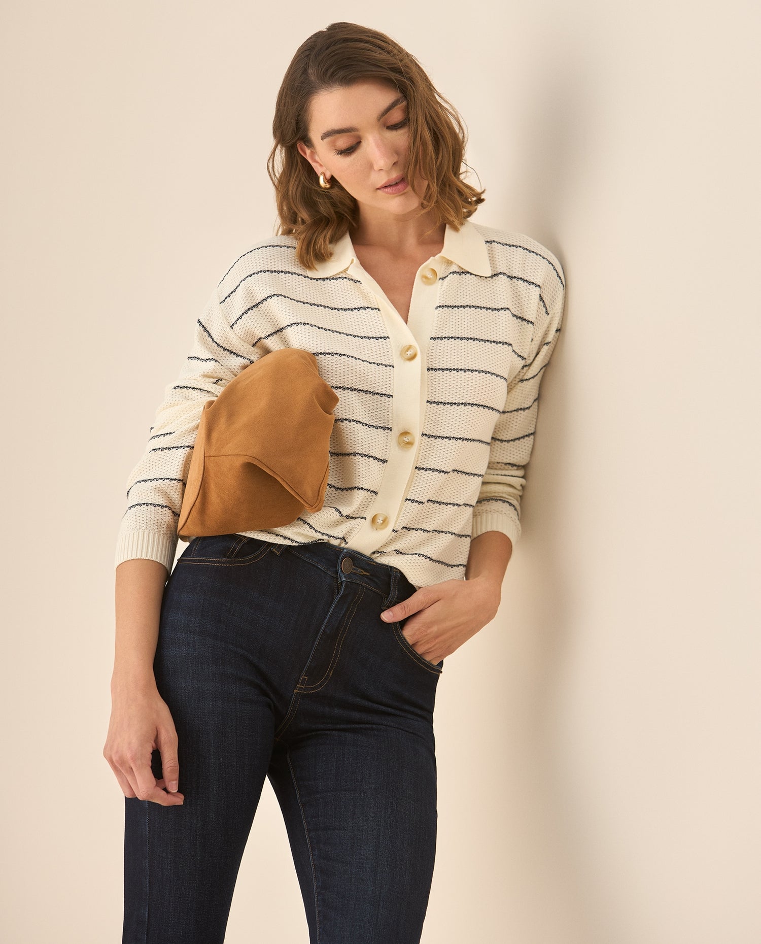 Suéter tejido cuello clásico para mujer - Crudo