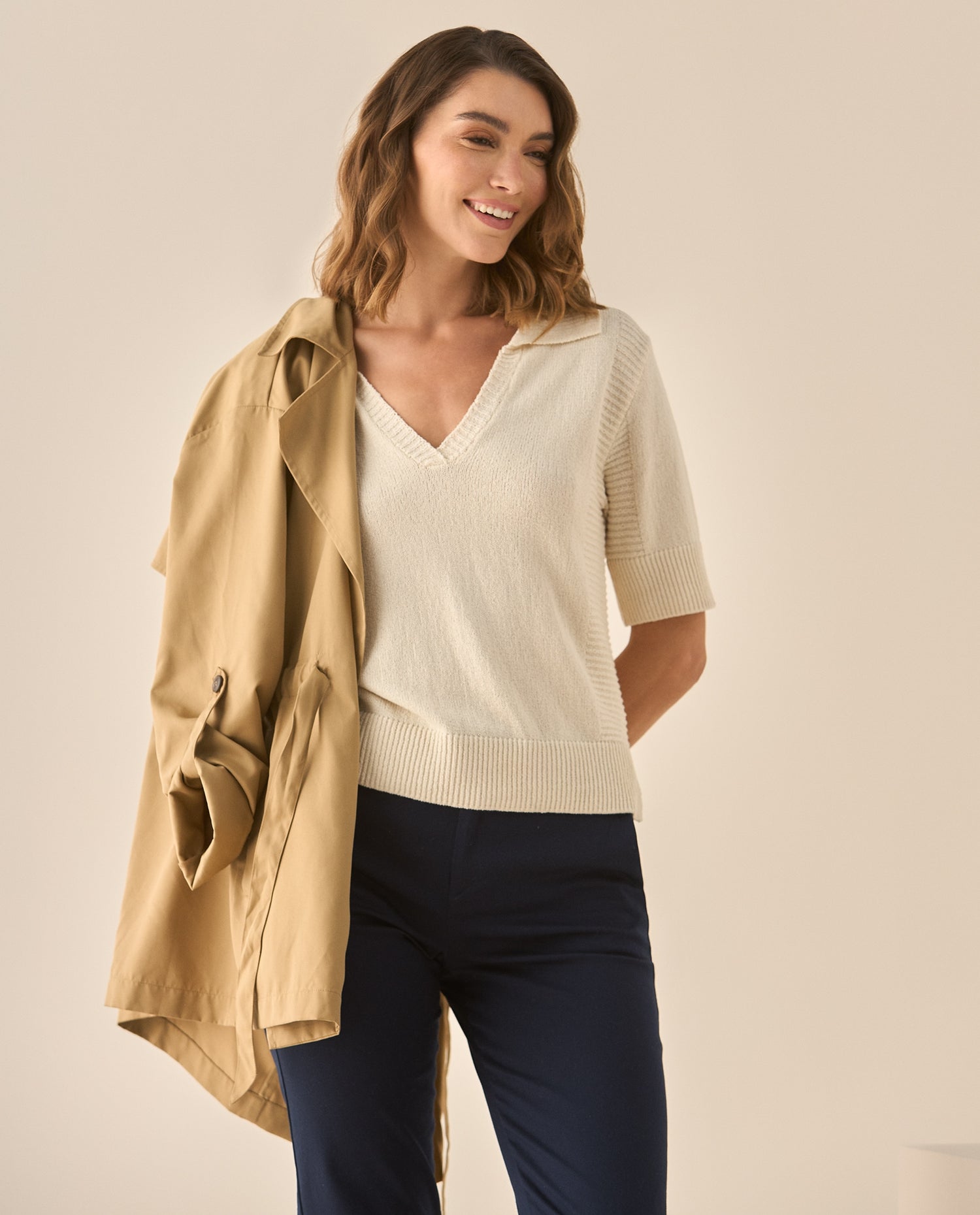 Camisa tipo polo con mix de tejidos para mujer - Crudo