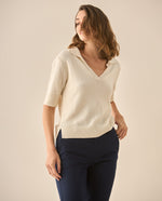 Camisa tipo polo con mix de tejidos para mujer - Crudo