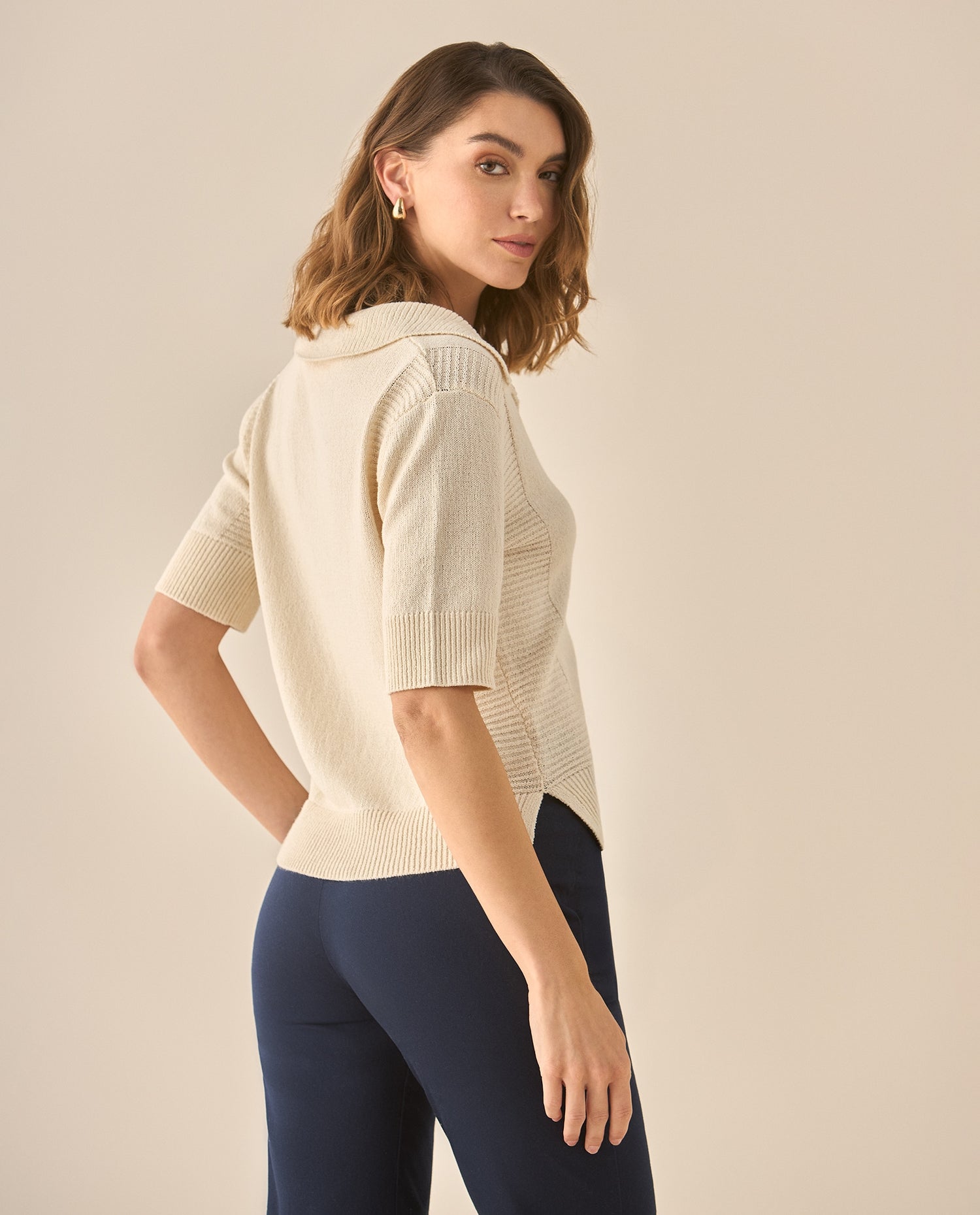 Camisa tipo polo con mix de tejidos para mujer - Crudo