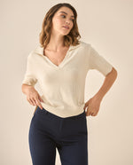 Camisa tipo polo con mix de tejidos para mujer - Crudo