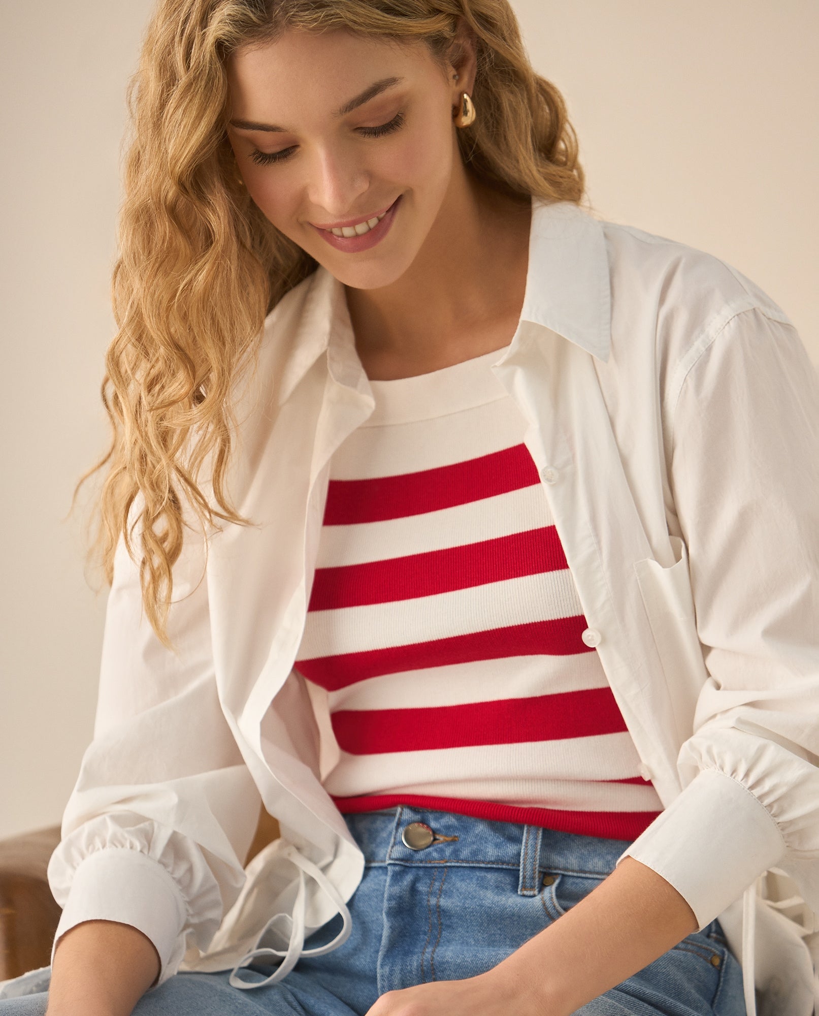 Suéter tipo camisa a rayas para mujer  - Rojo 34_669G200_ROJ171537_0