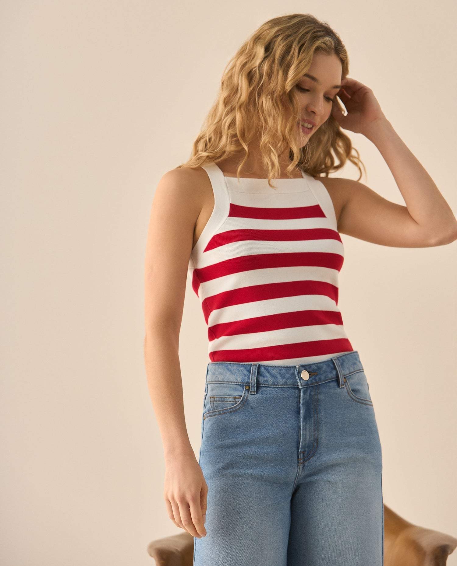 Suéter tipo camisa a rayas para mujer  - Rojo