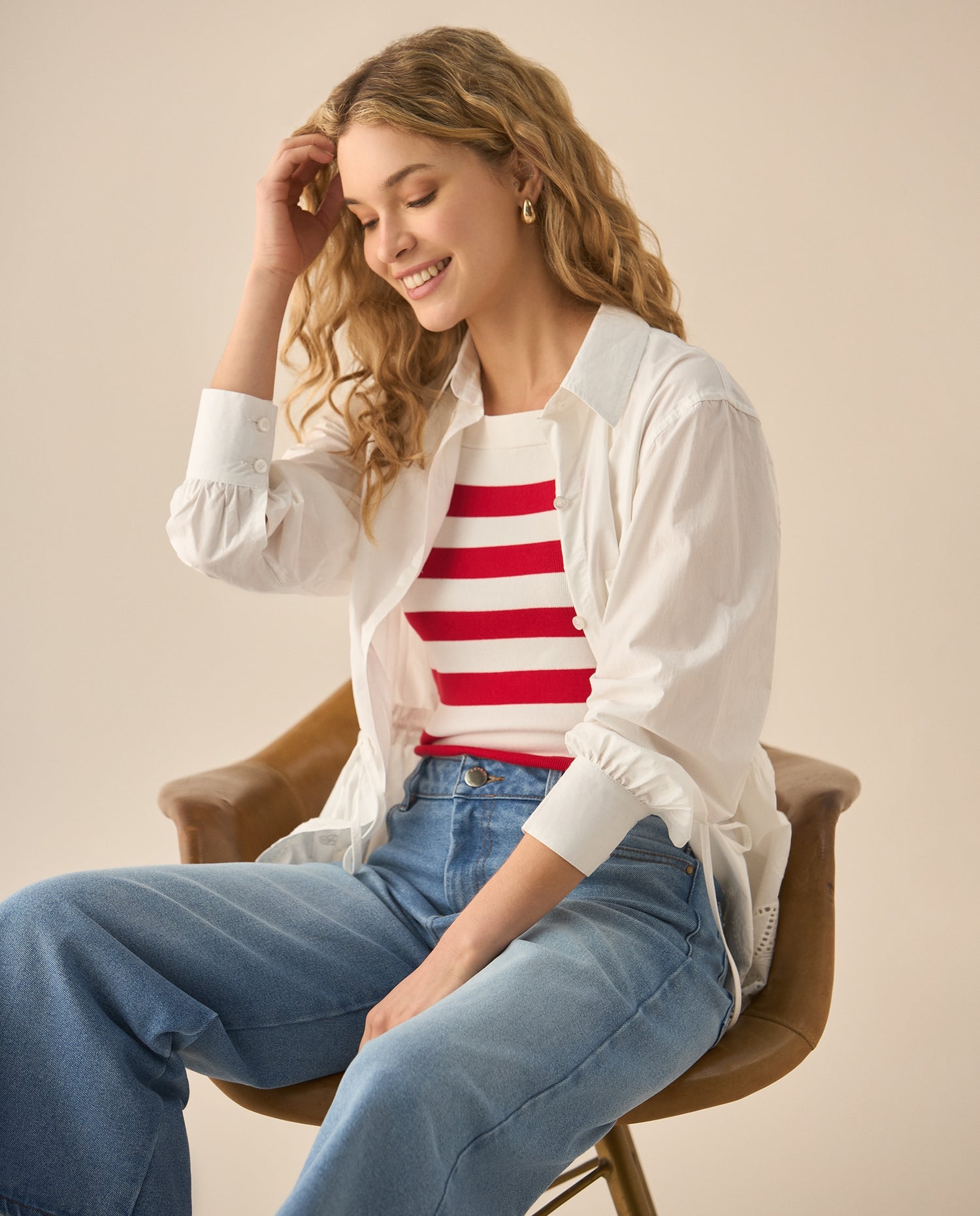 Suéter tipo camisa a rayas para mujer  - Rojo