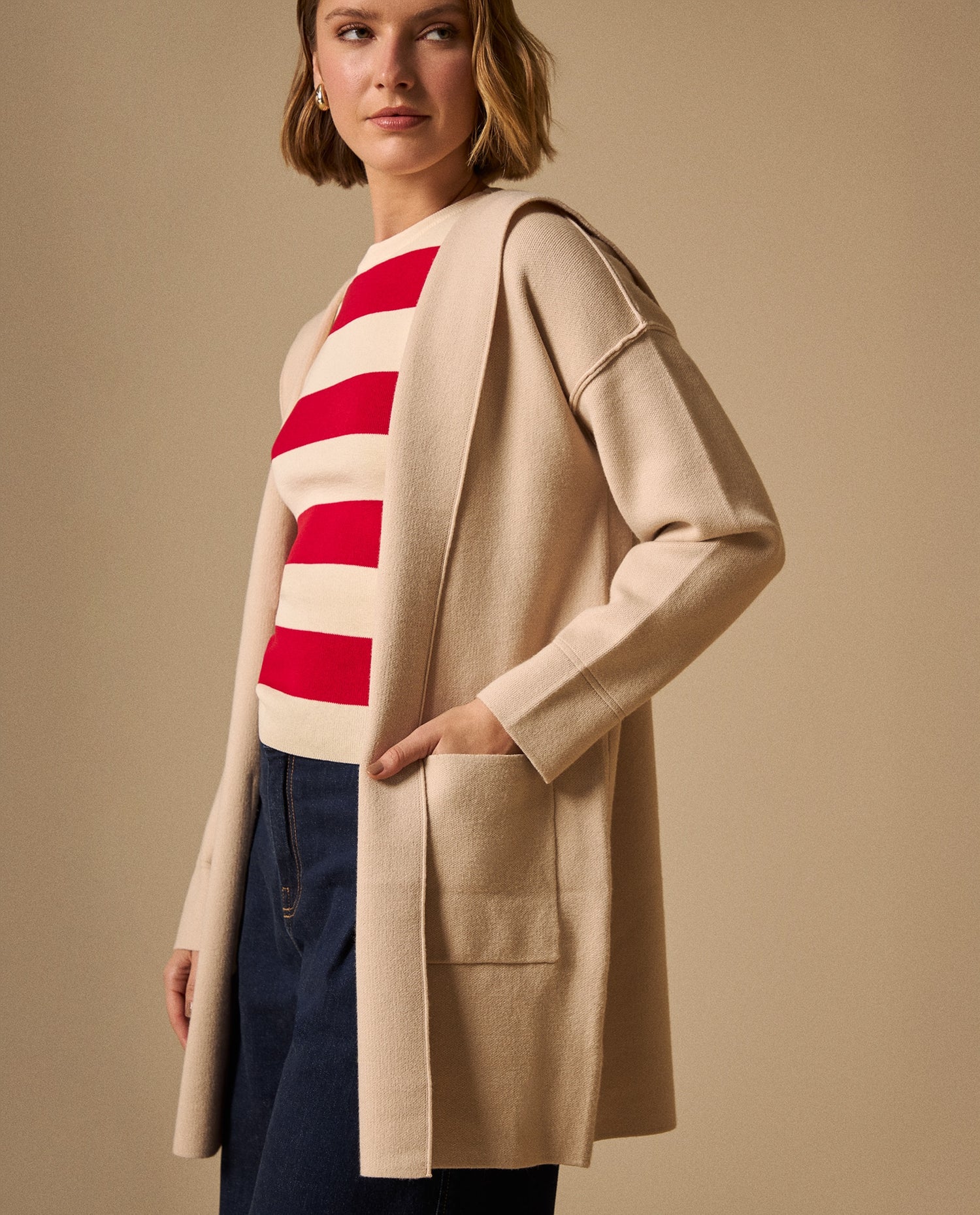Suéter Tejido Beige con Capucha - Beige