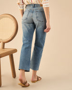 Jean Straight con ruedo al corte para mujer - Azul