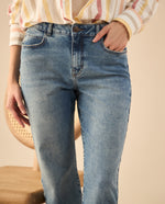 Jean Straight con ruedo al corte para mujer - Azul