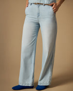 Jean wide leg denim liviano con cinturón - Azul