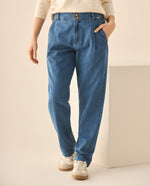 Jean tono medio con pretina lisa para mujer  - Azul