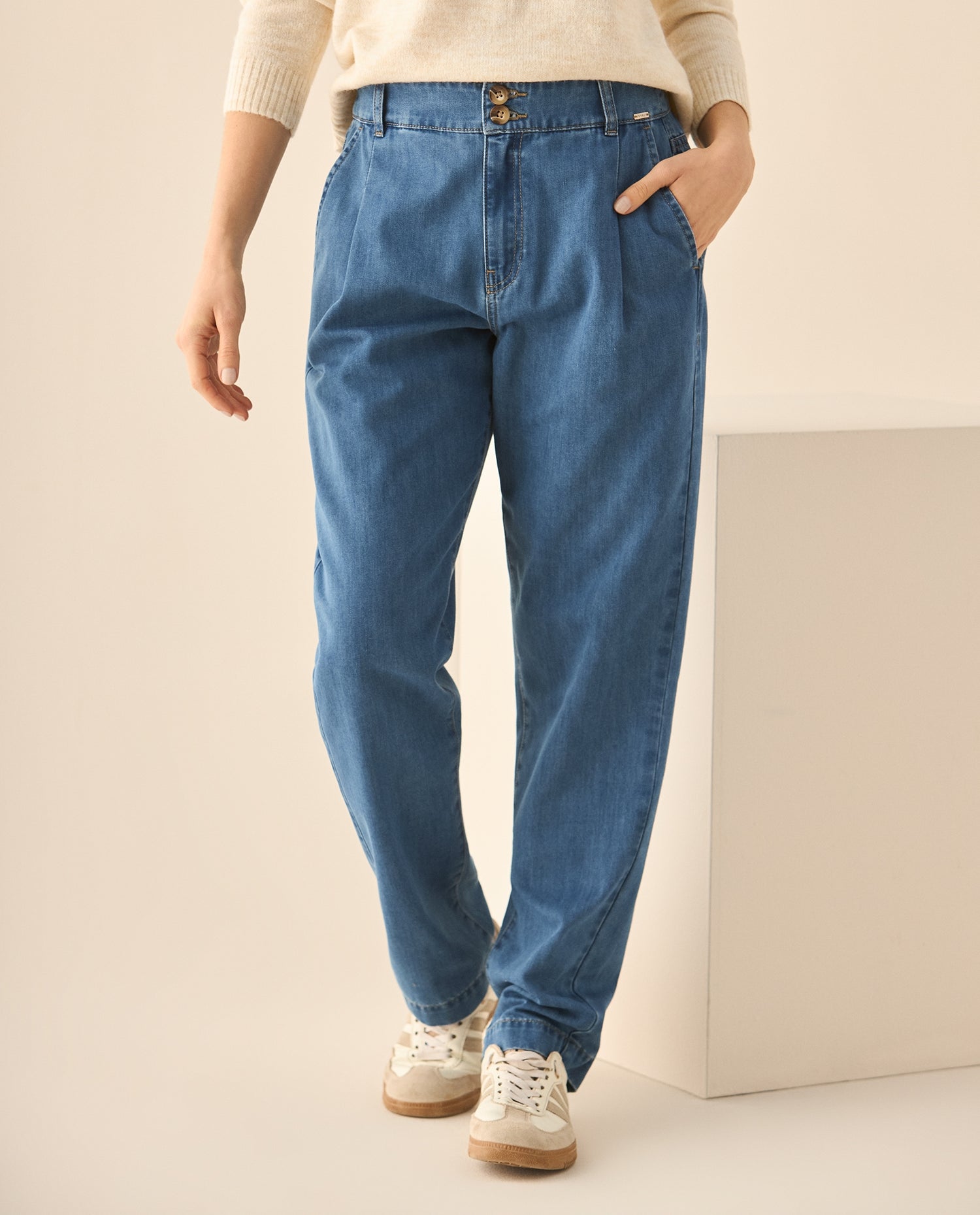 Jean tono medio con pretina lisa para mujer  - Azul