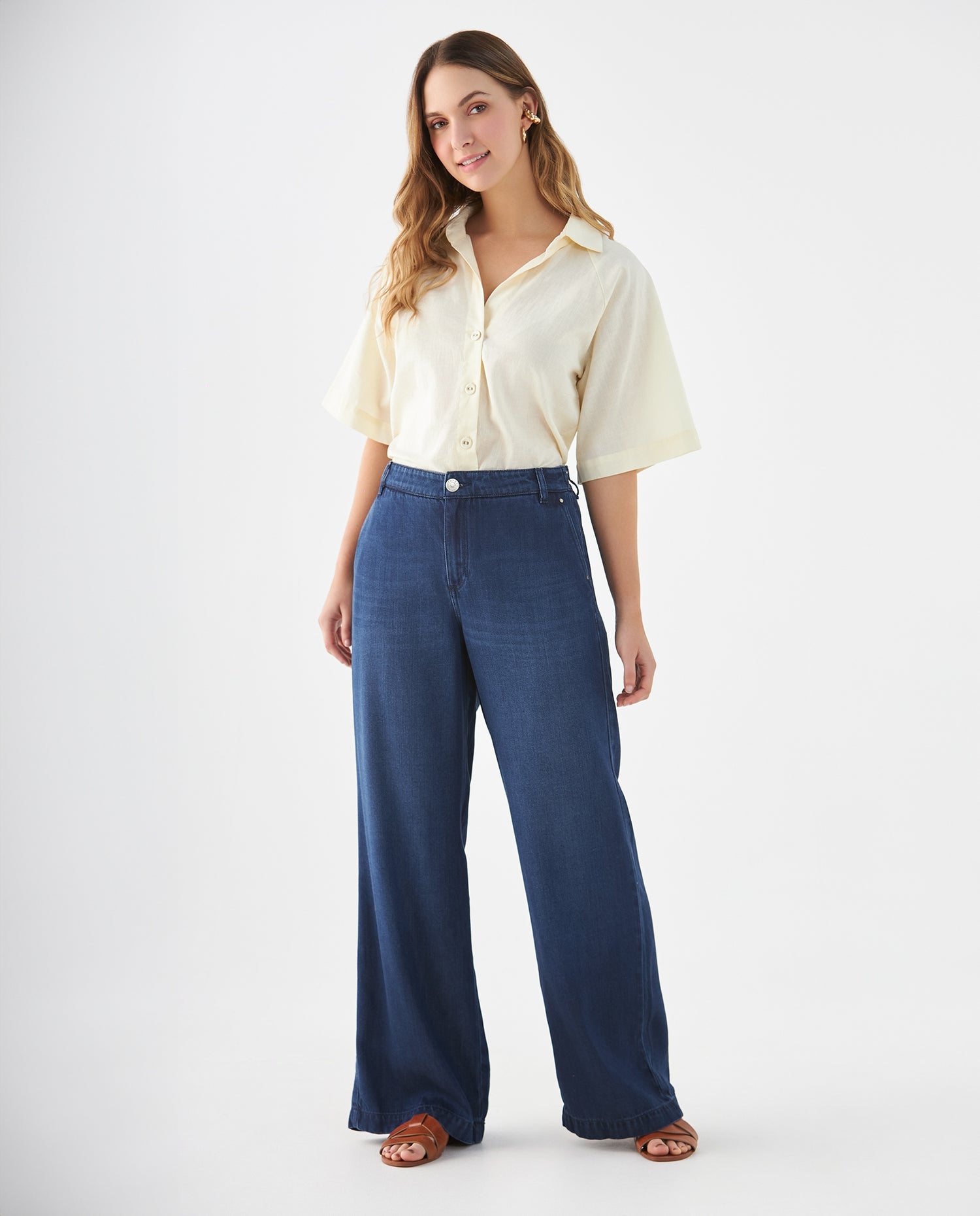 Jean Wide Leg pretina elástica posterior para mujer - Azul