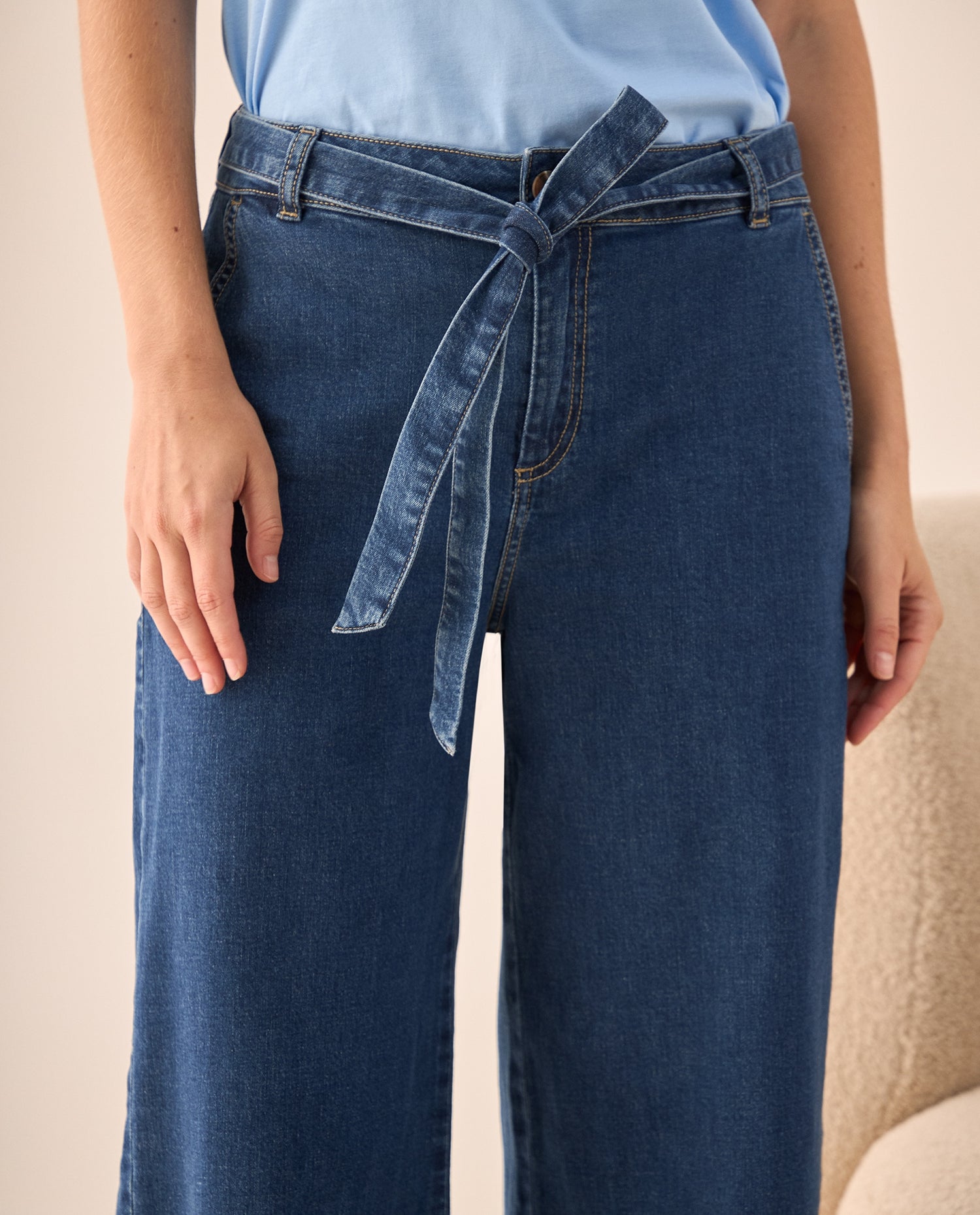 Jean Culotte Azul Tiro Alto con Cinturón - Azul