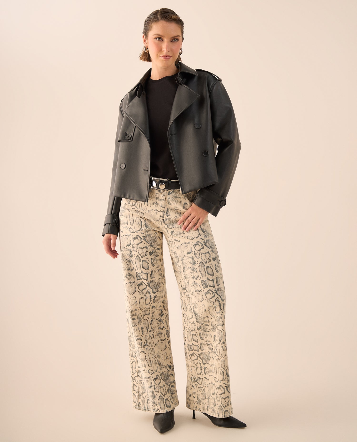 Jean Wide Leg Estampado Serpiente Beige - Gris
