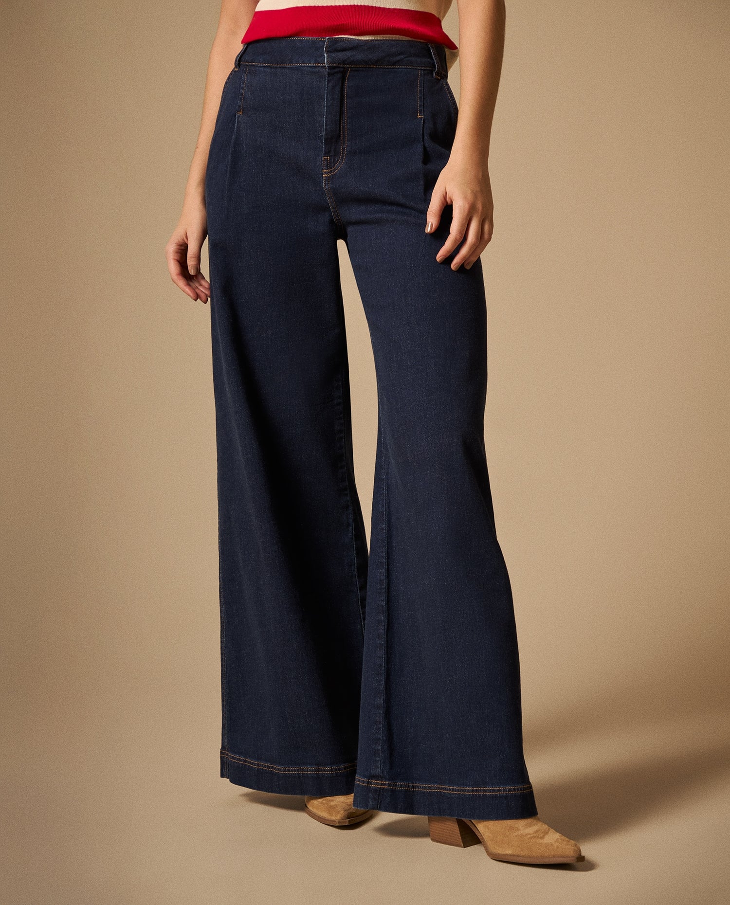Jean Wide Leg Azul Oscuro con Costuras Doradas - Azul