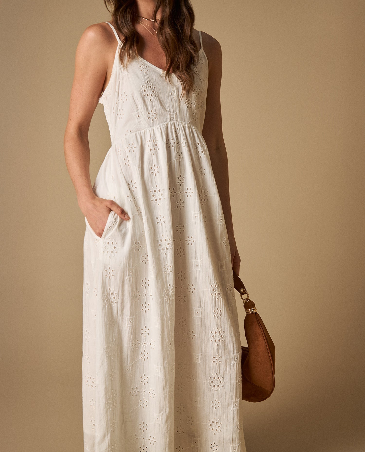 Vestido largo bordado de tiras - Blanco