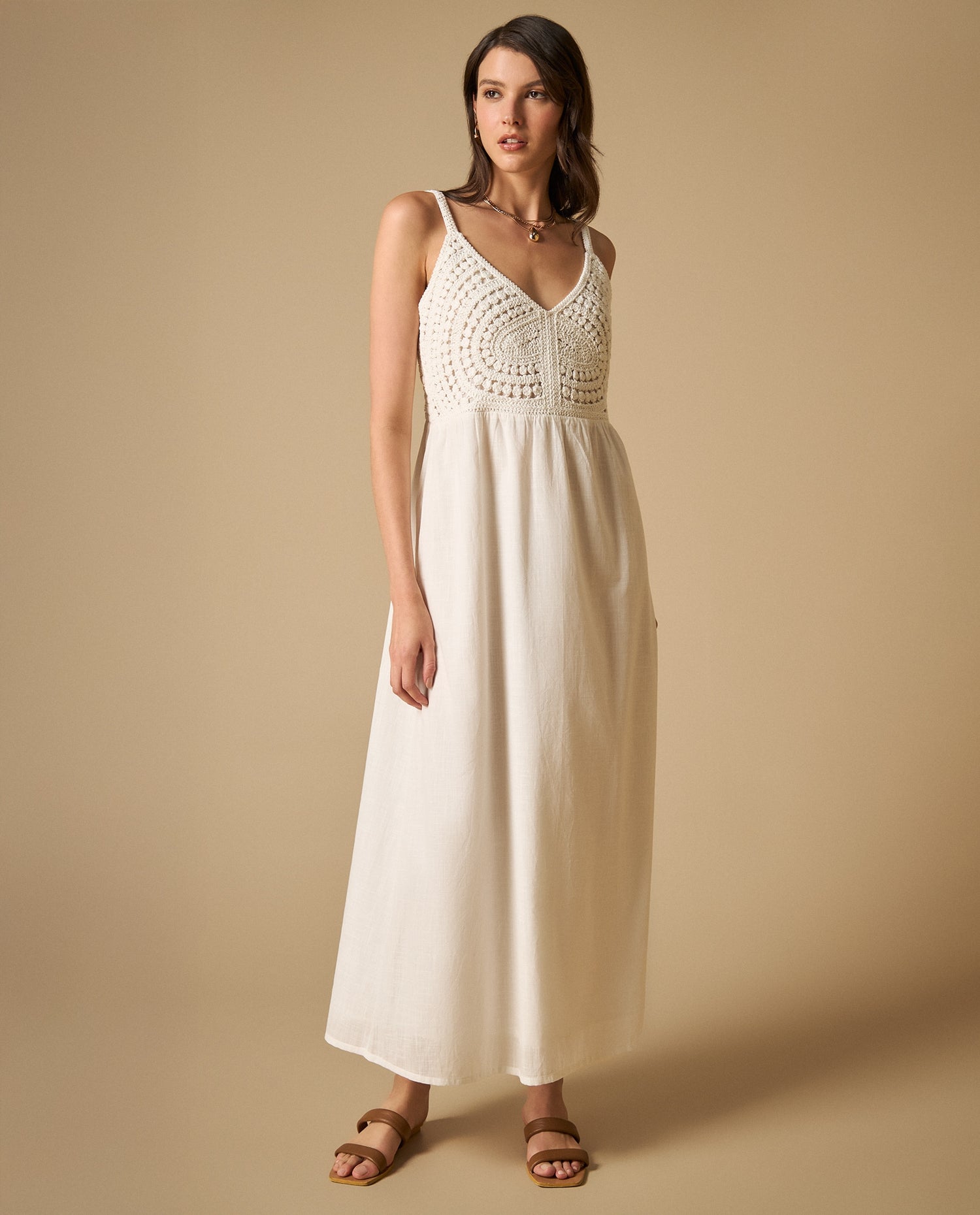 Vestido largo de tiras con bordado y textura - Blanco