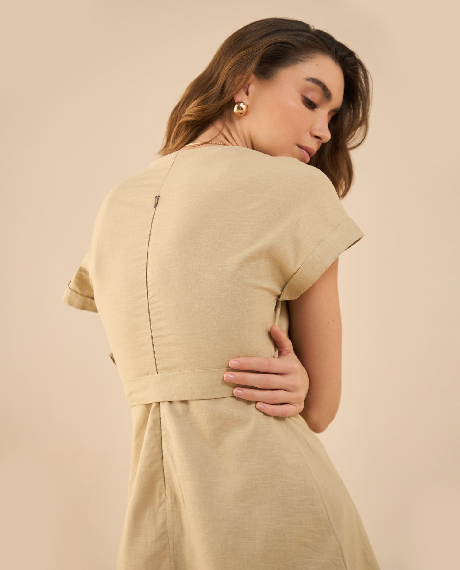Vestido largo con escote en V para mujer - Beige