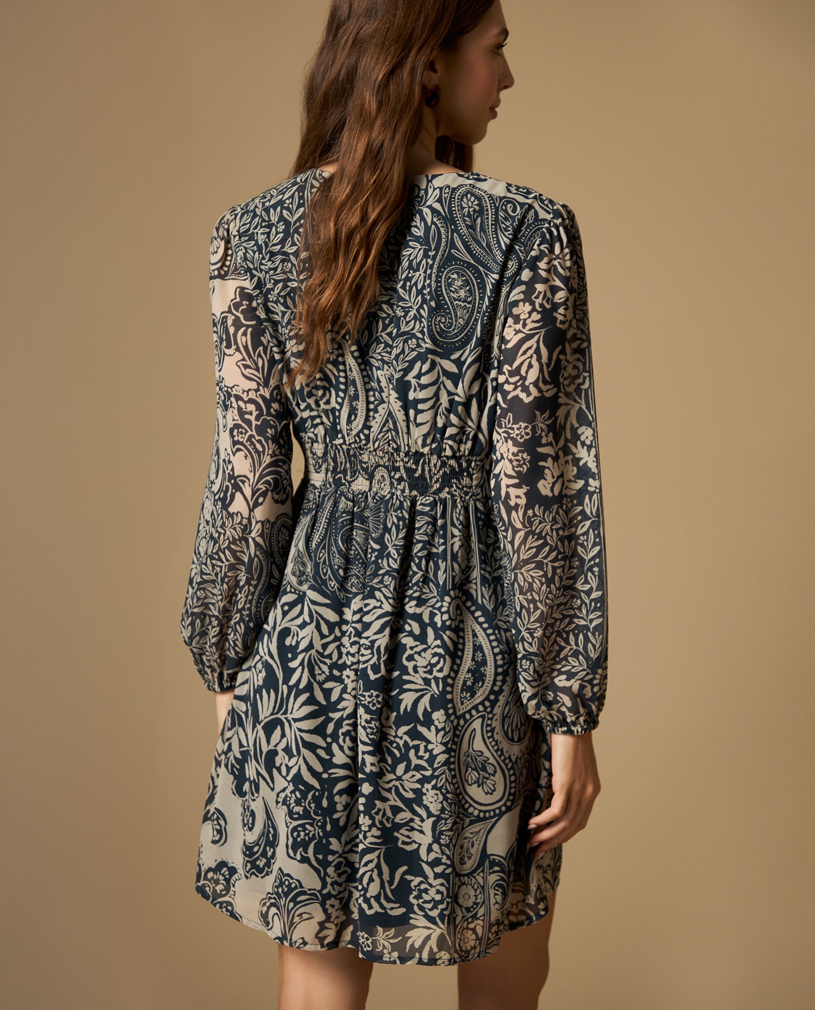Vestido corto con diseño paisley y cintura fruncida - Azul 34_692H000_AZU194129_5
