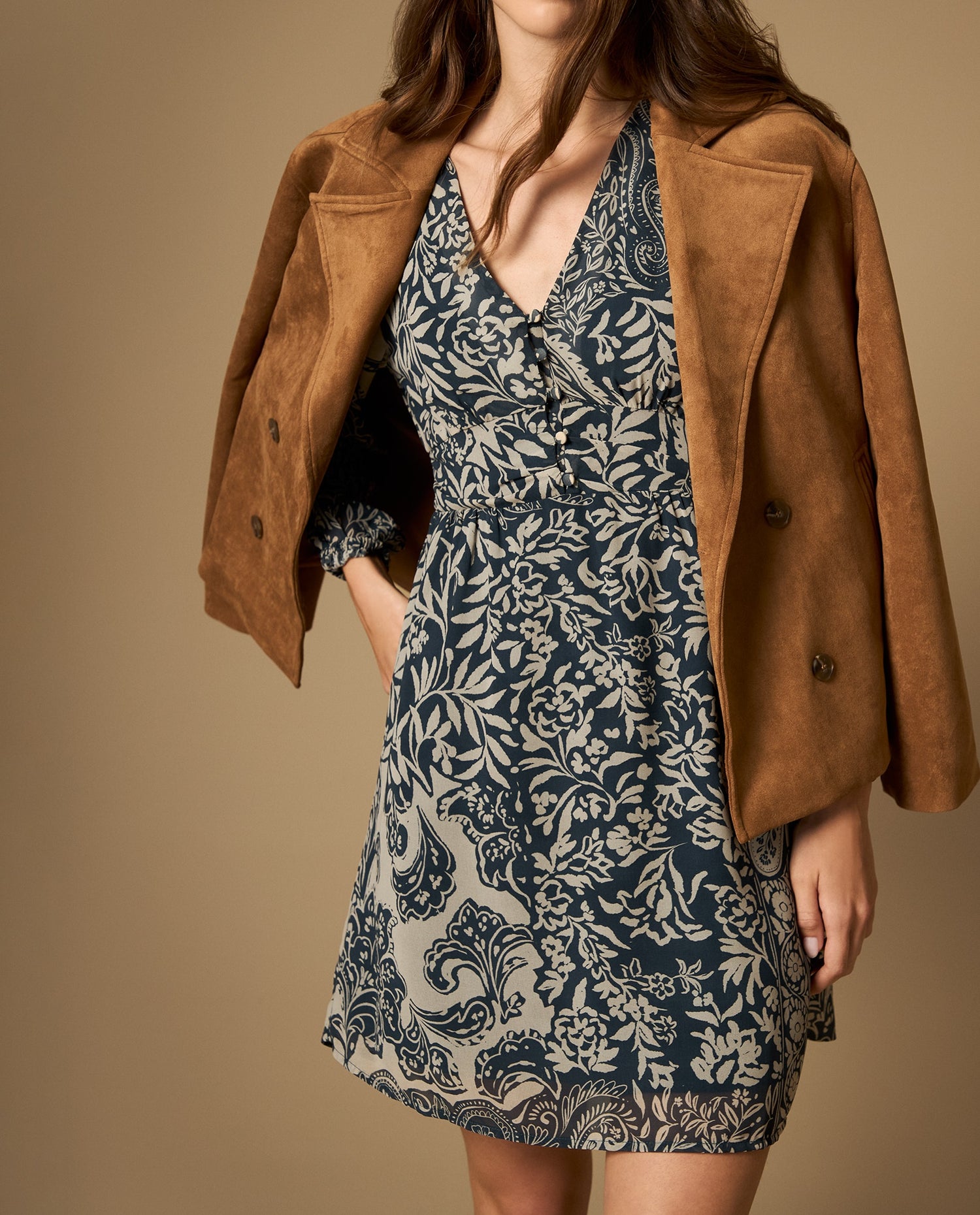 Vestido corto con diseño paisley y cintura fruncida - Azul