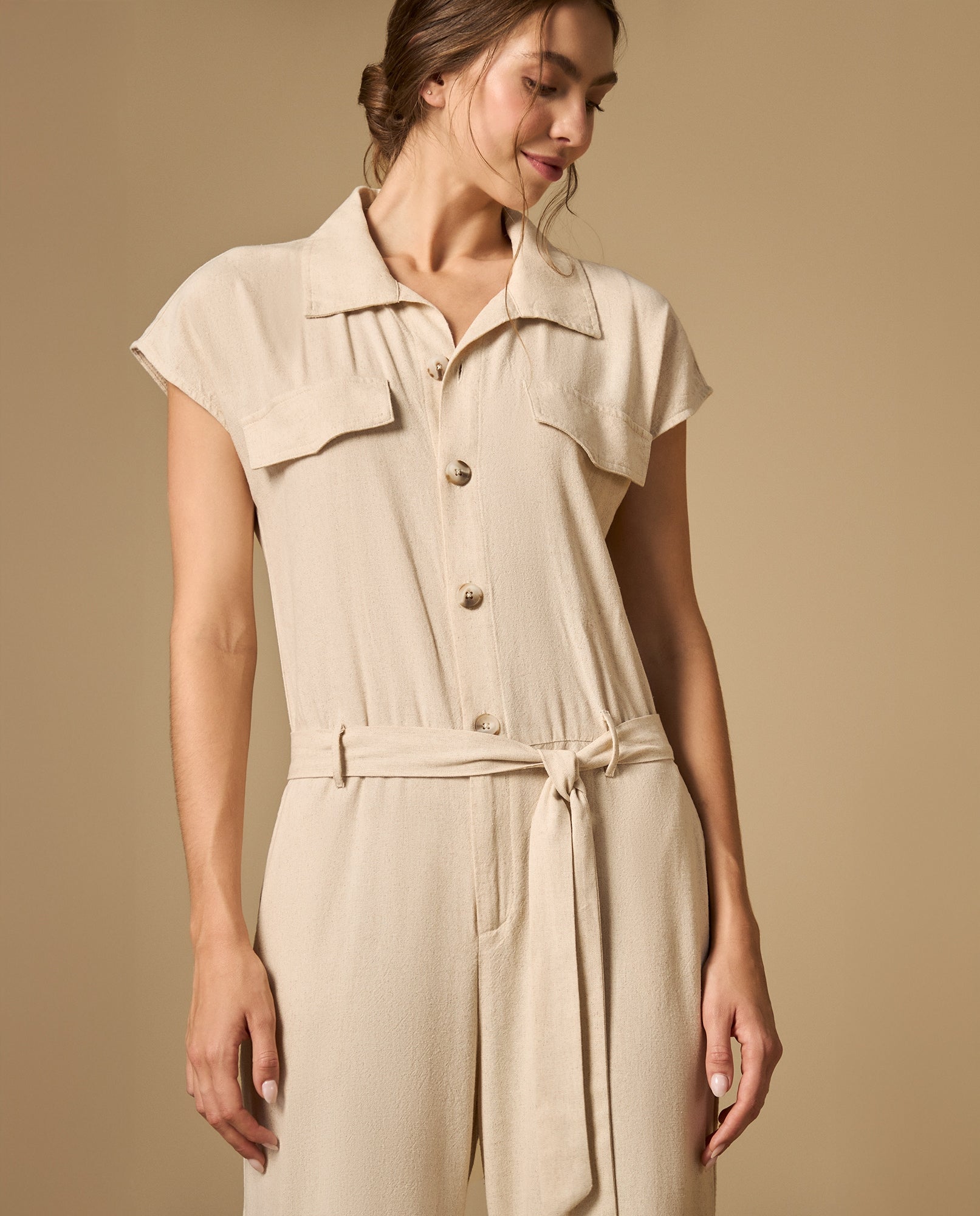 Vestido camisero manga corta con cinturón - Crudo 34_692H003_CRU151305_3