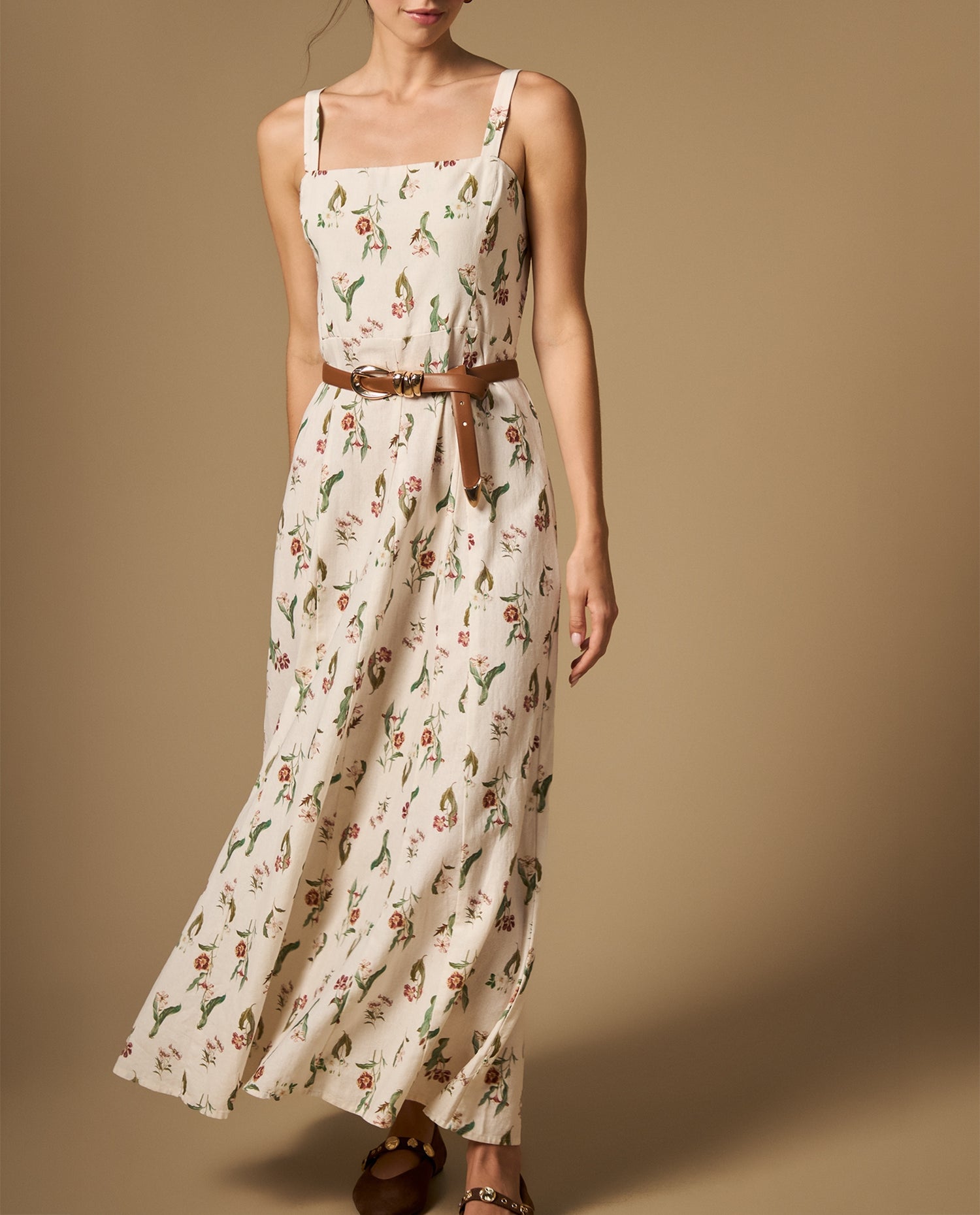 Vestido largo de tiras con estampado floral - Crudo