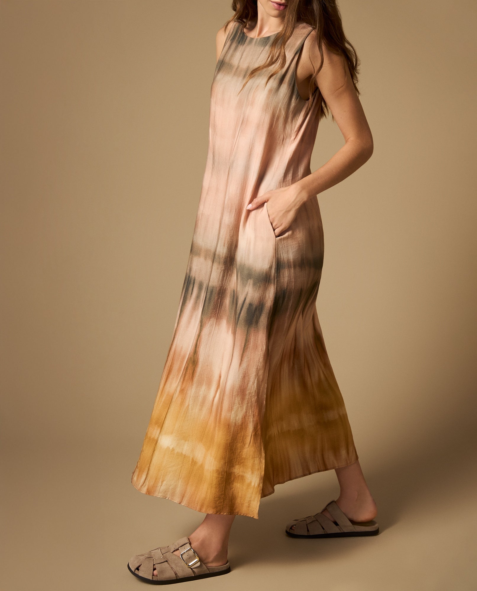 Vestido largo estampado manga sisa con bolsillos laterales - Rosa 34_692H015_ROS141803_3
