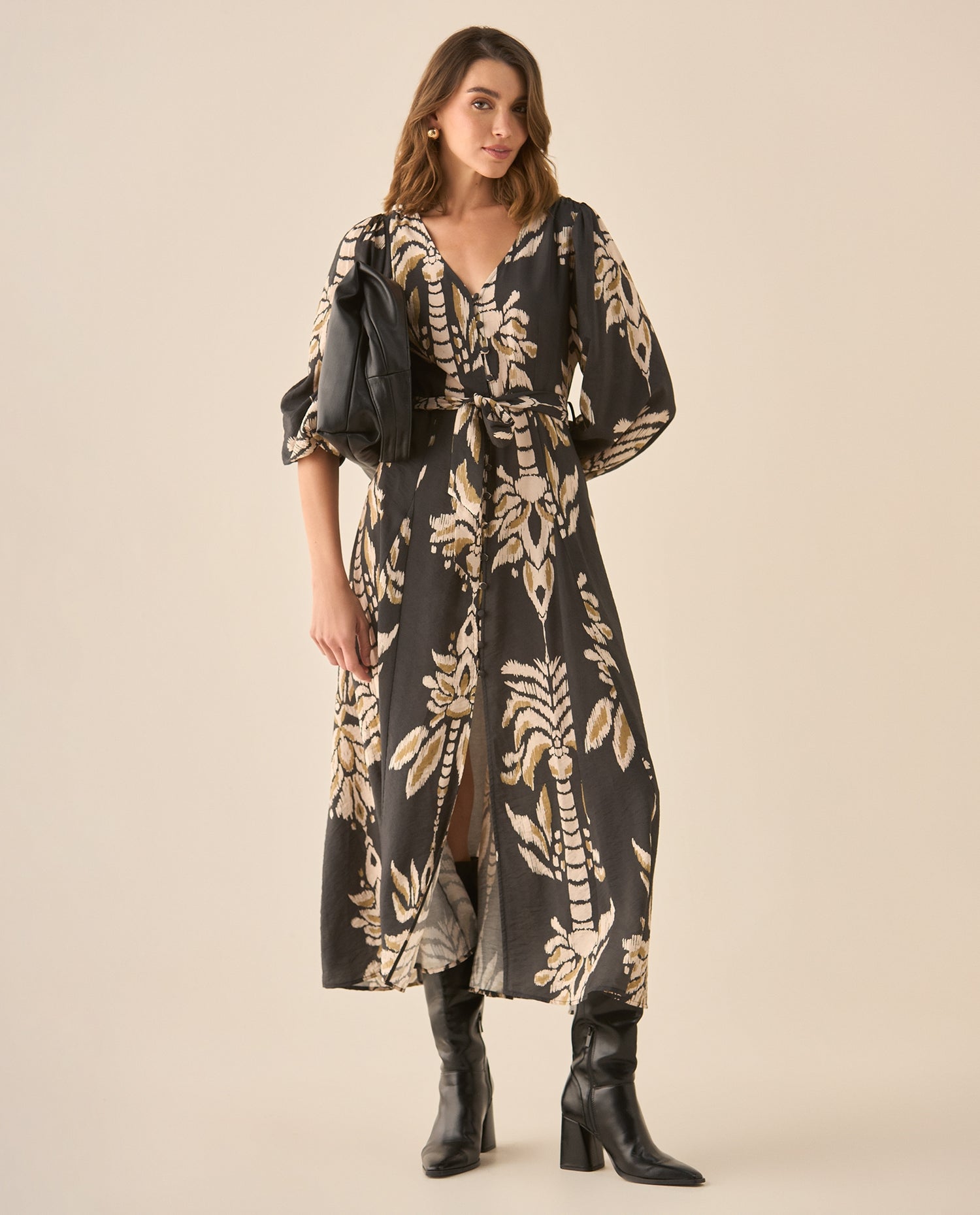 Vestido largo estampado con cinturón para mujer  - Negro