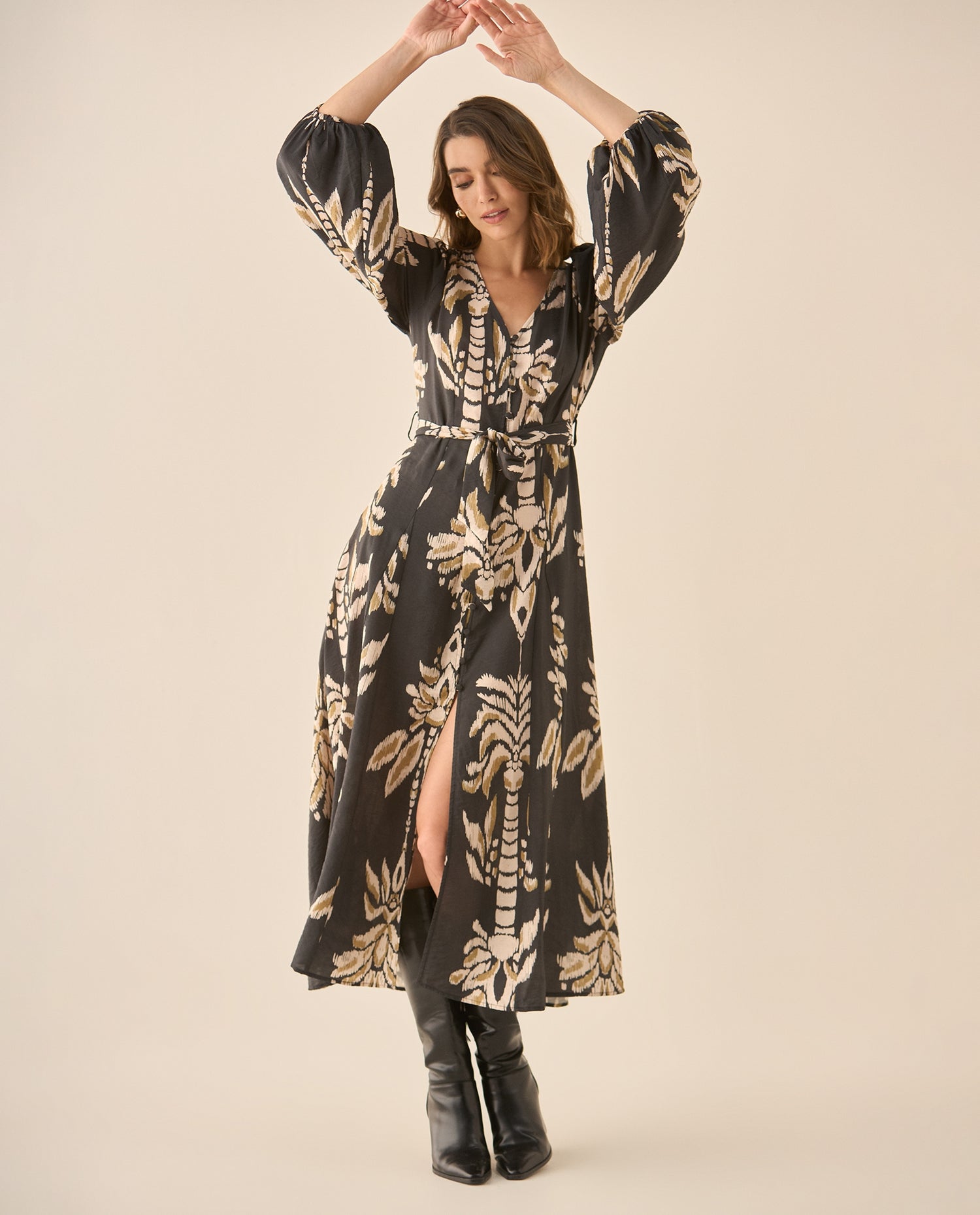 Vestido largo estampado con cinturón para mujer  - Negro