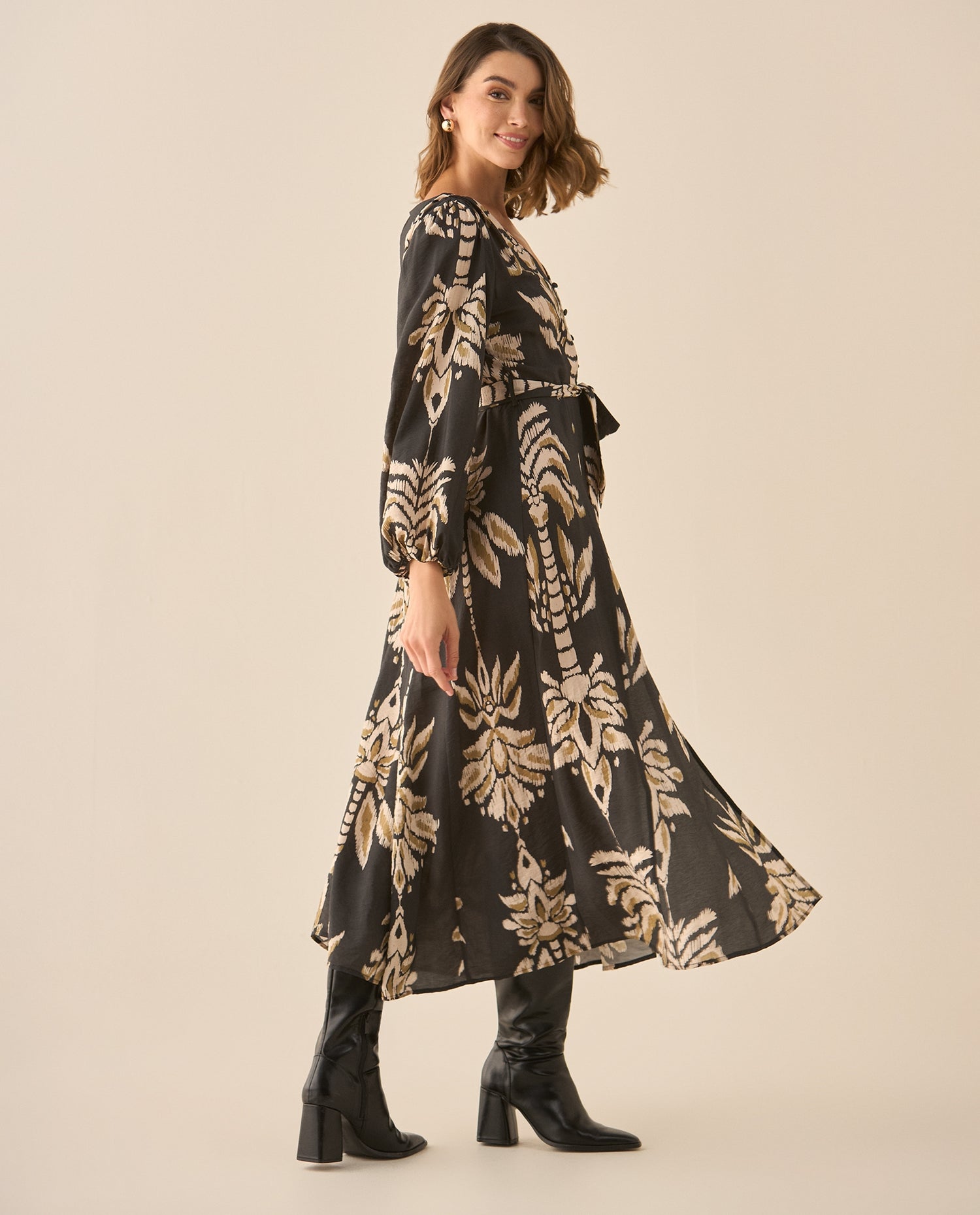 Vestido largo estampado con cinturón para mujer  - Negro
