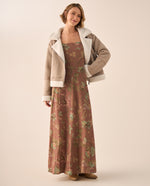 Vestido Largo Floral con Tirantes Ajustables - Café