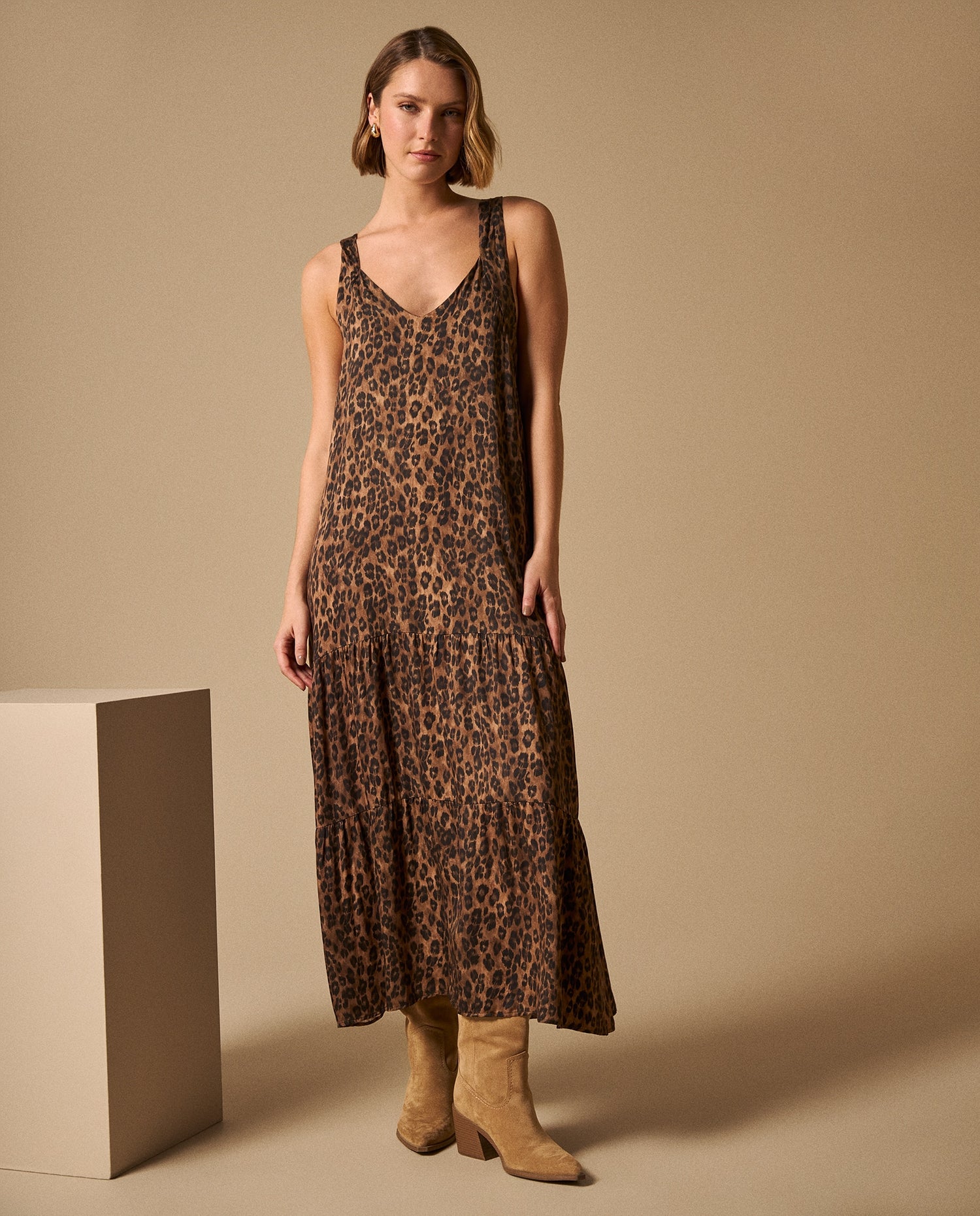 Vestido Largo Animal Print con Tirantes Cruzados - Beige