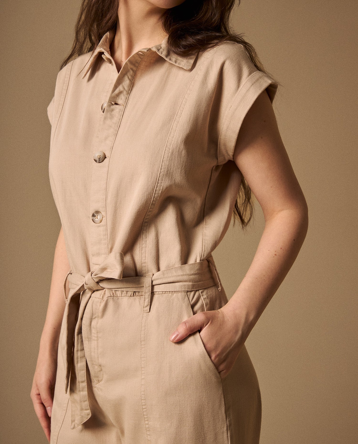 Enterizo Beige Piernas Anchas con Cinturón - Beige