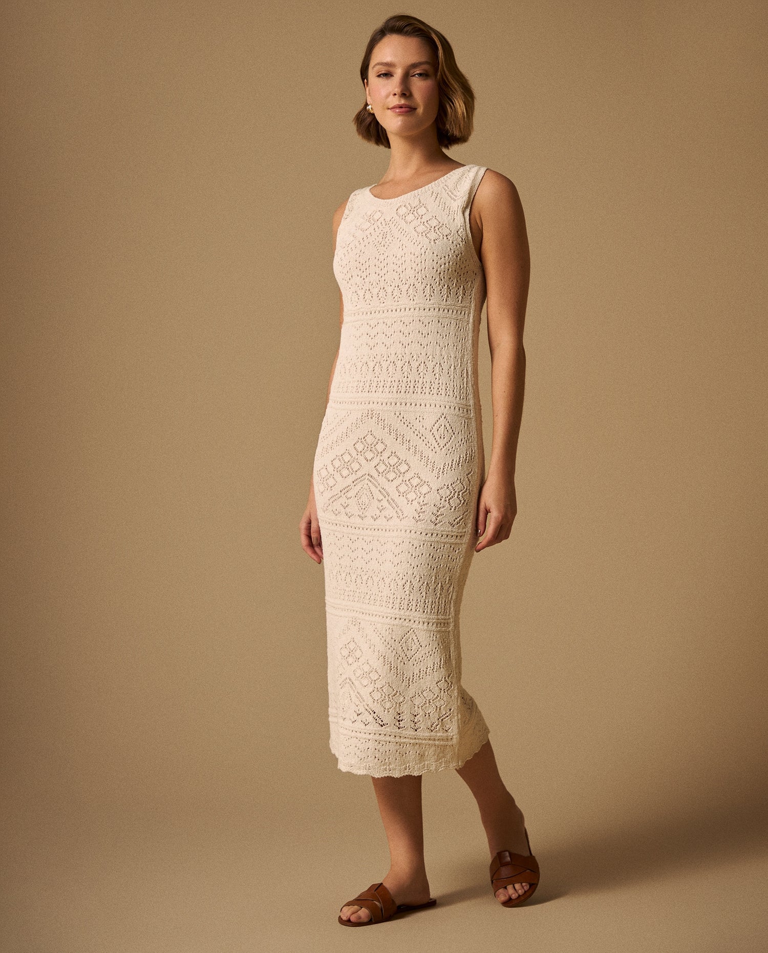 Vestido Midi Tejido Calado con Cordón Espalda - Crudo