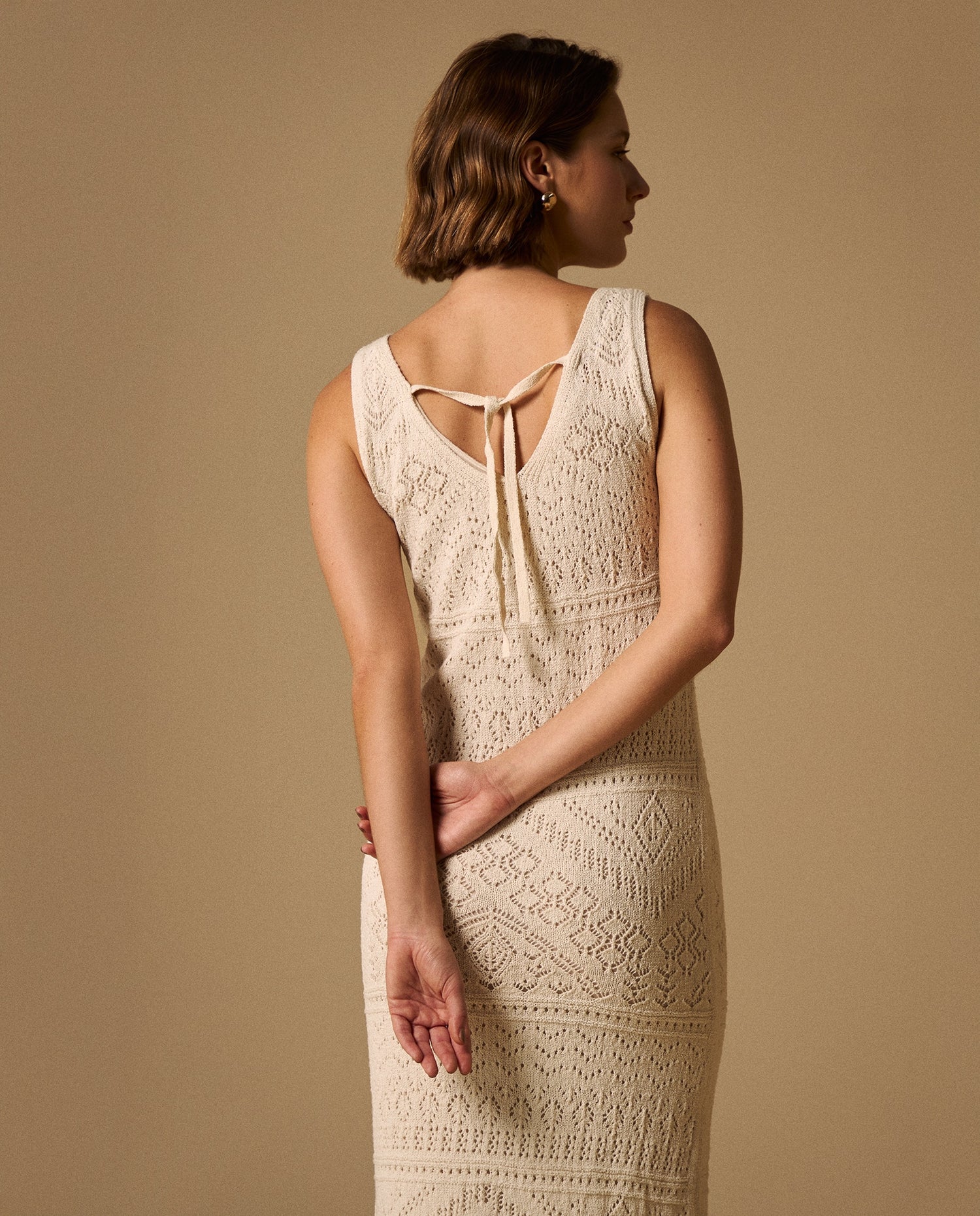 Vestido Midi Tejido Calado con Cordón Espalda - Crudo