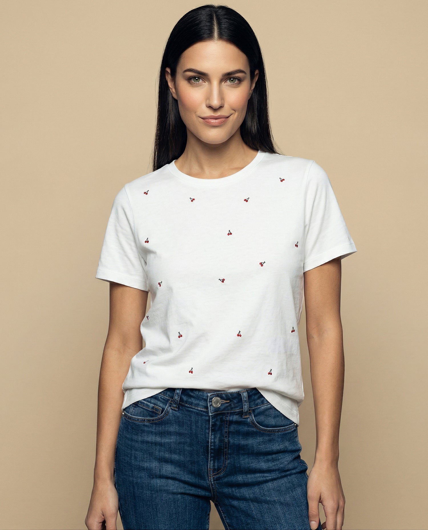 Camiseta bordada manga corta cuello redondo - Crudo