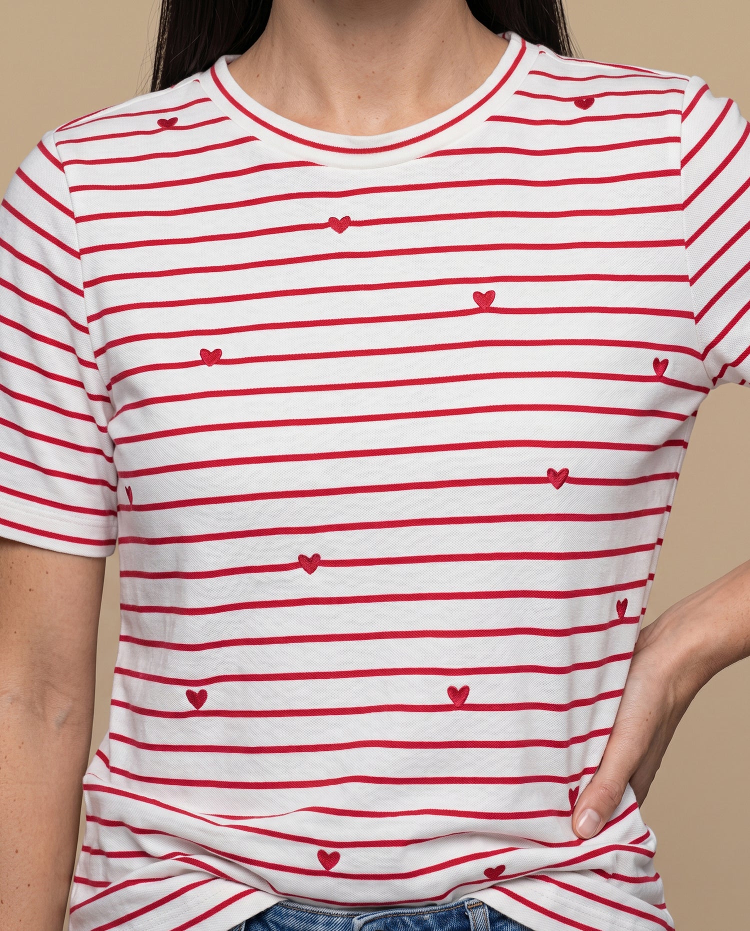 Camiseta rayas corazones manga corta - Crudo